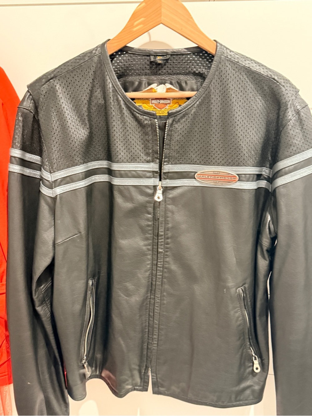 Harley-Davidson Black Leather Perforated Bomber Jacket with Silver Stripes